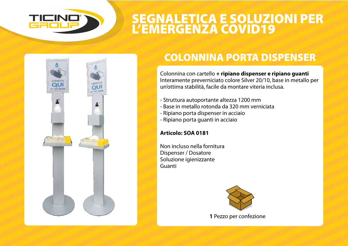 Colonnina porta dispenser con ripiano guanti e gel e segnaletica